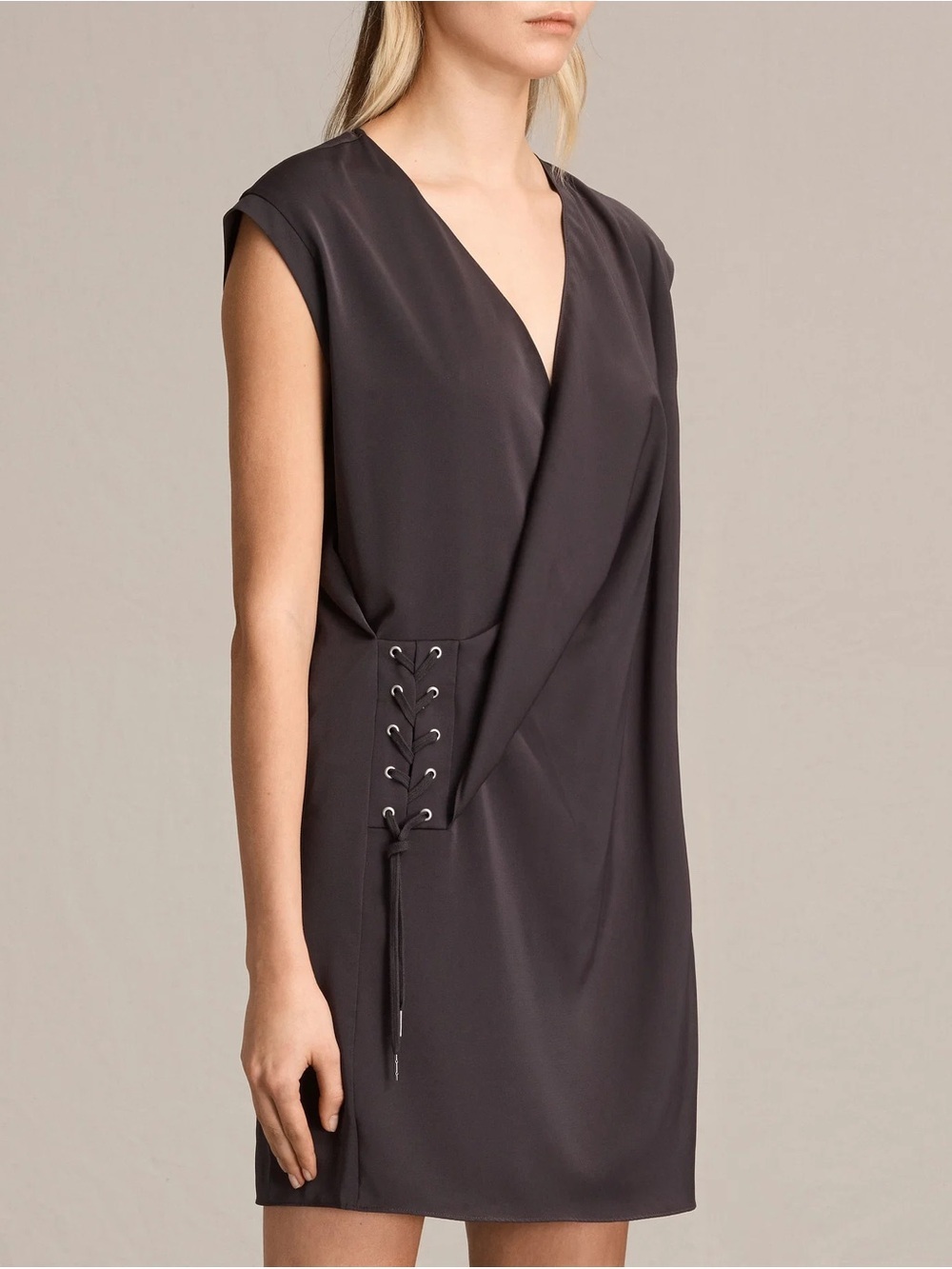 AllSaints Aures Olive Green Mini Dress mock wrap lace up detail Sz 00 Cocktail
